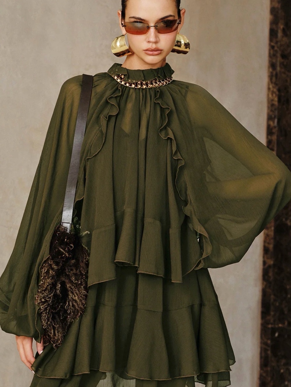 Commense Olive Ruffle-Tiered Chiffon Mini Dress - Picture 2 of 3